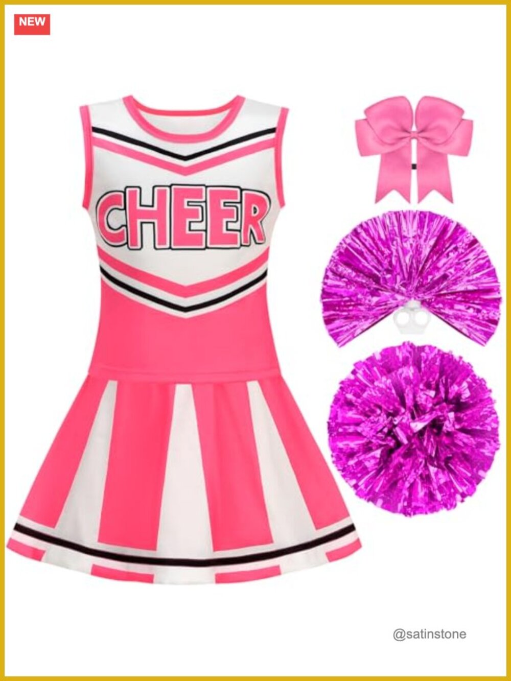 Girls Cheerleader Costume Set with Pom Poms & Bow Hair Tie